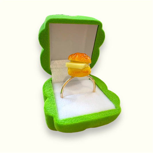 Handmade adjustable ring with a tiny Hong Kong–style pineapple bun charm on a gold open band.