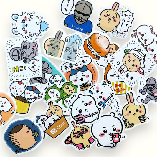 Assorted Chiikawa vinyl stickers featuring cute and expressive characters from the Japanese series, arranged on a cream background.