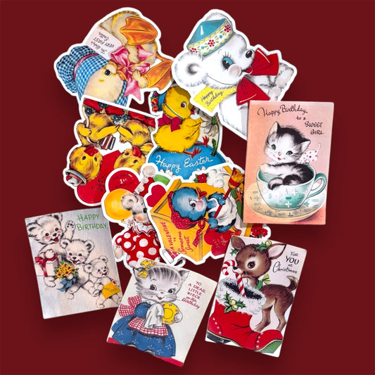 A collection of retro-style stickers featuring cute animals like kittens, chicks, and deer in vibrant vintage greeting card designs, arranged on a red background.