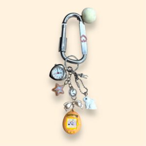 Orange Tamagotchi Clock Keychain – Cute Handmade Charm for Bags & Keys