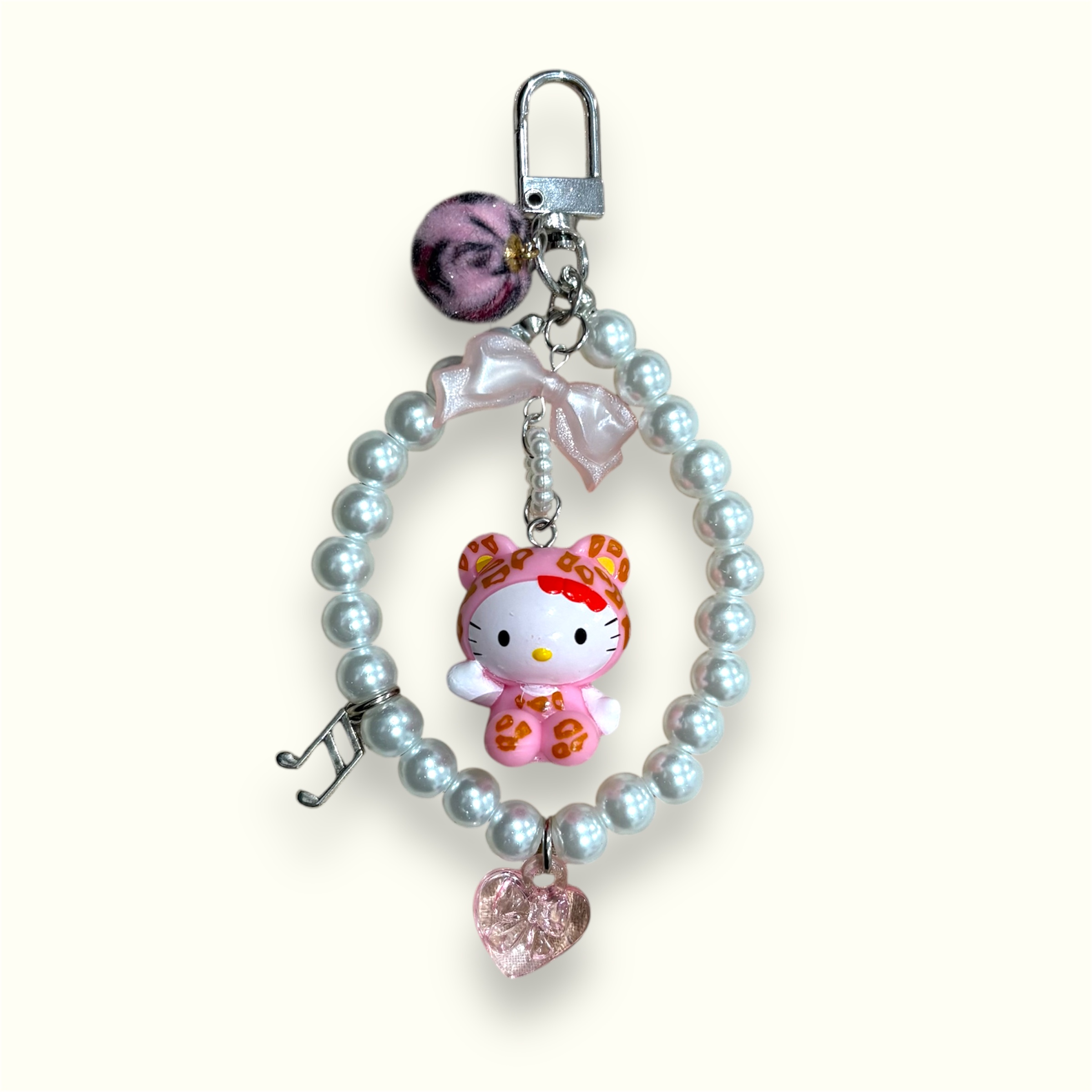 Pink Leopard Hello Kitty Pearl Keychain Strap – Cute Handmade Charm for Bags & Keys