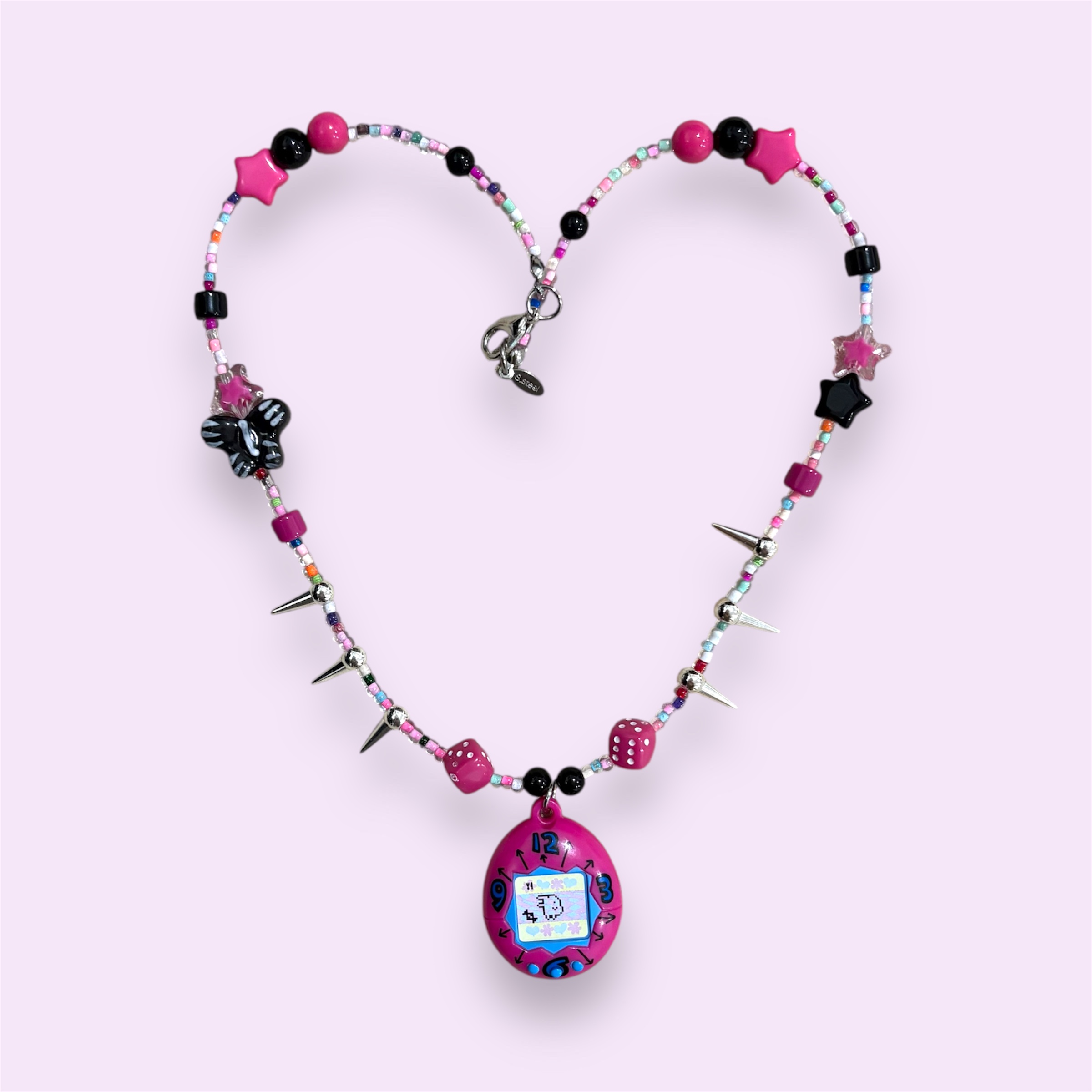 Pink Tamagotchi Beaded Necklace – Cute Handmade Necklace for Daily Wear