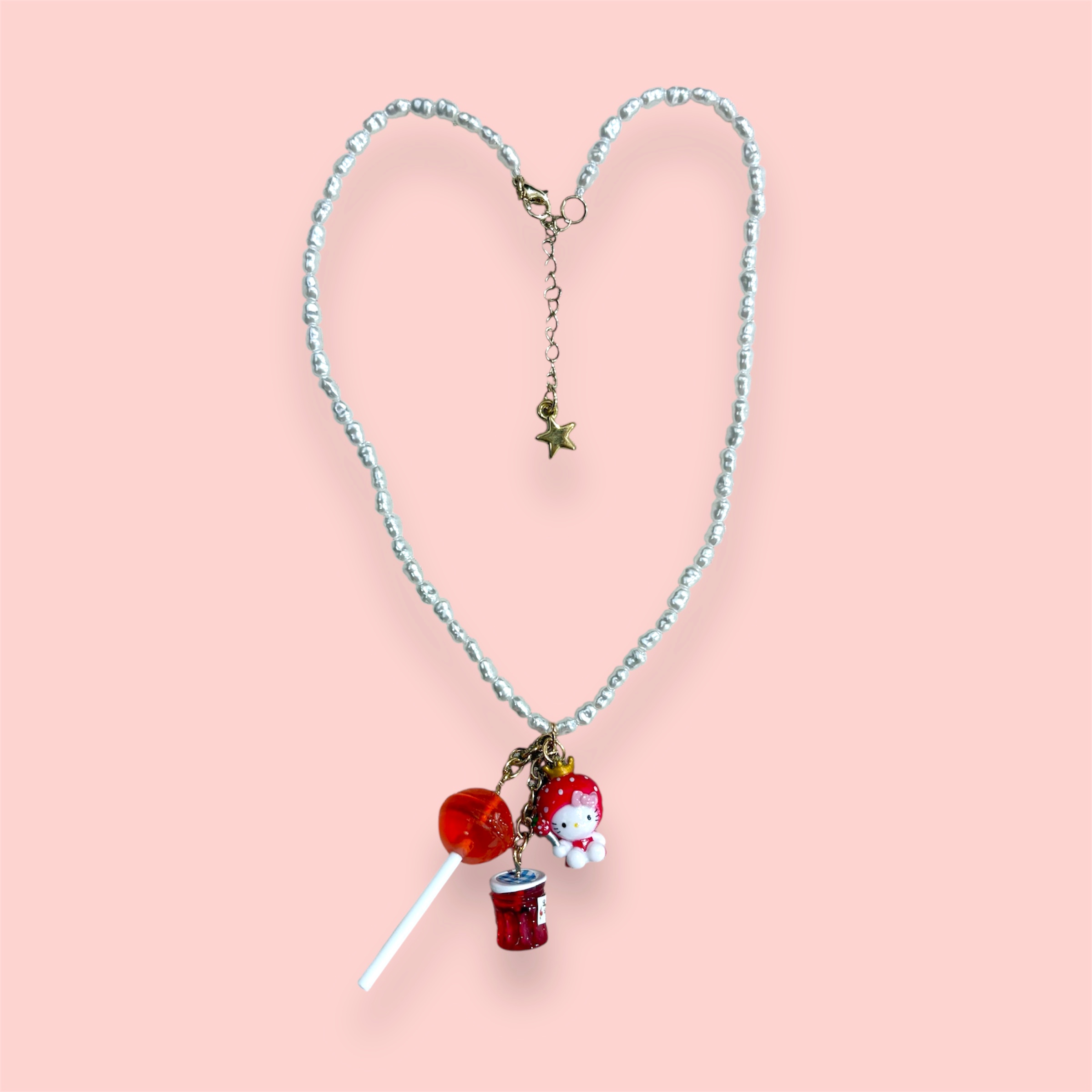 Strawberry Hello Kitty Pearl Necklace – Cute Handmade Necklace for Daily Wear