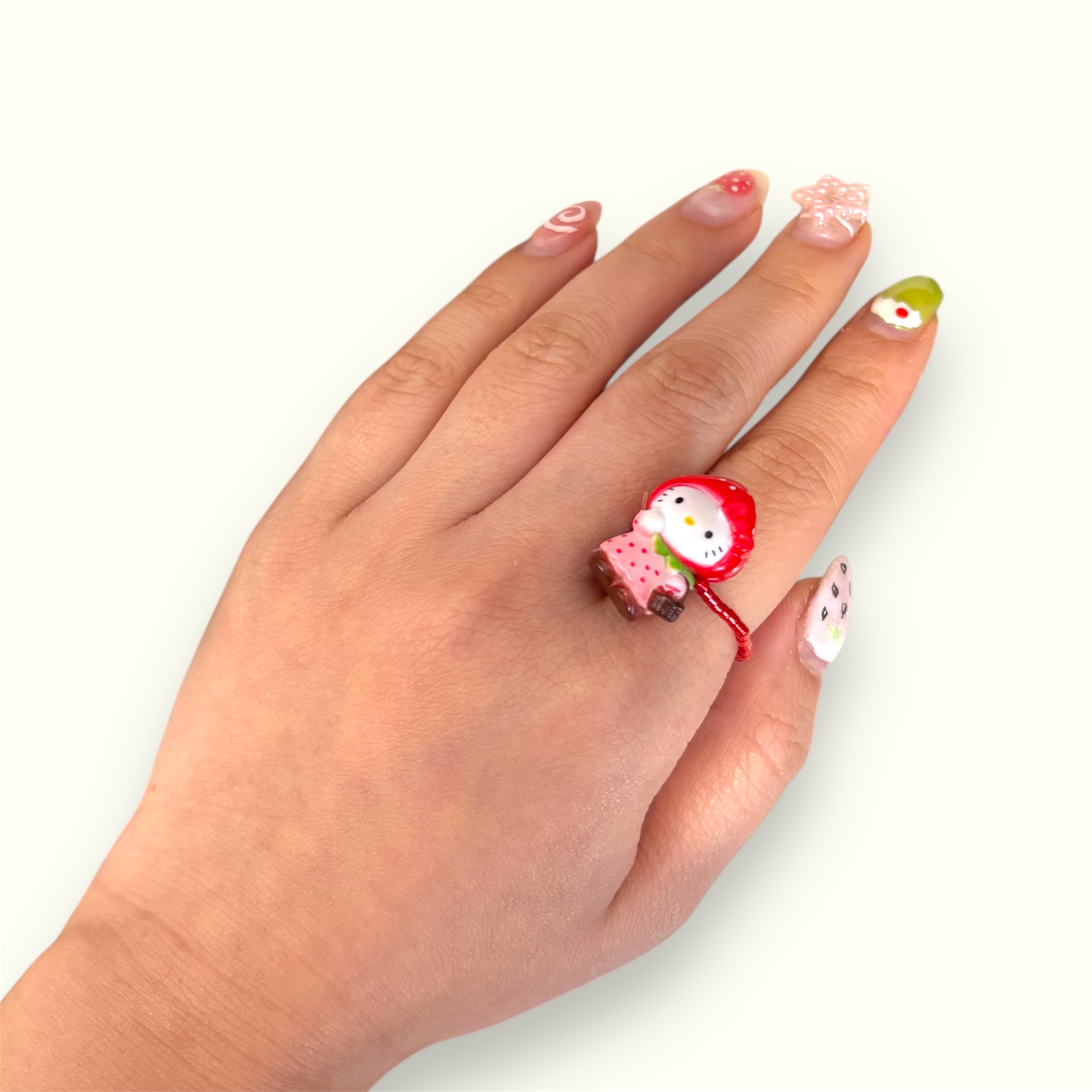 Beaded Strawberry Hello Kitty Ring – Playful Quirky Statement Jewelry - Image 2