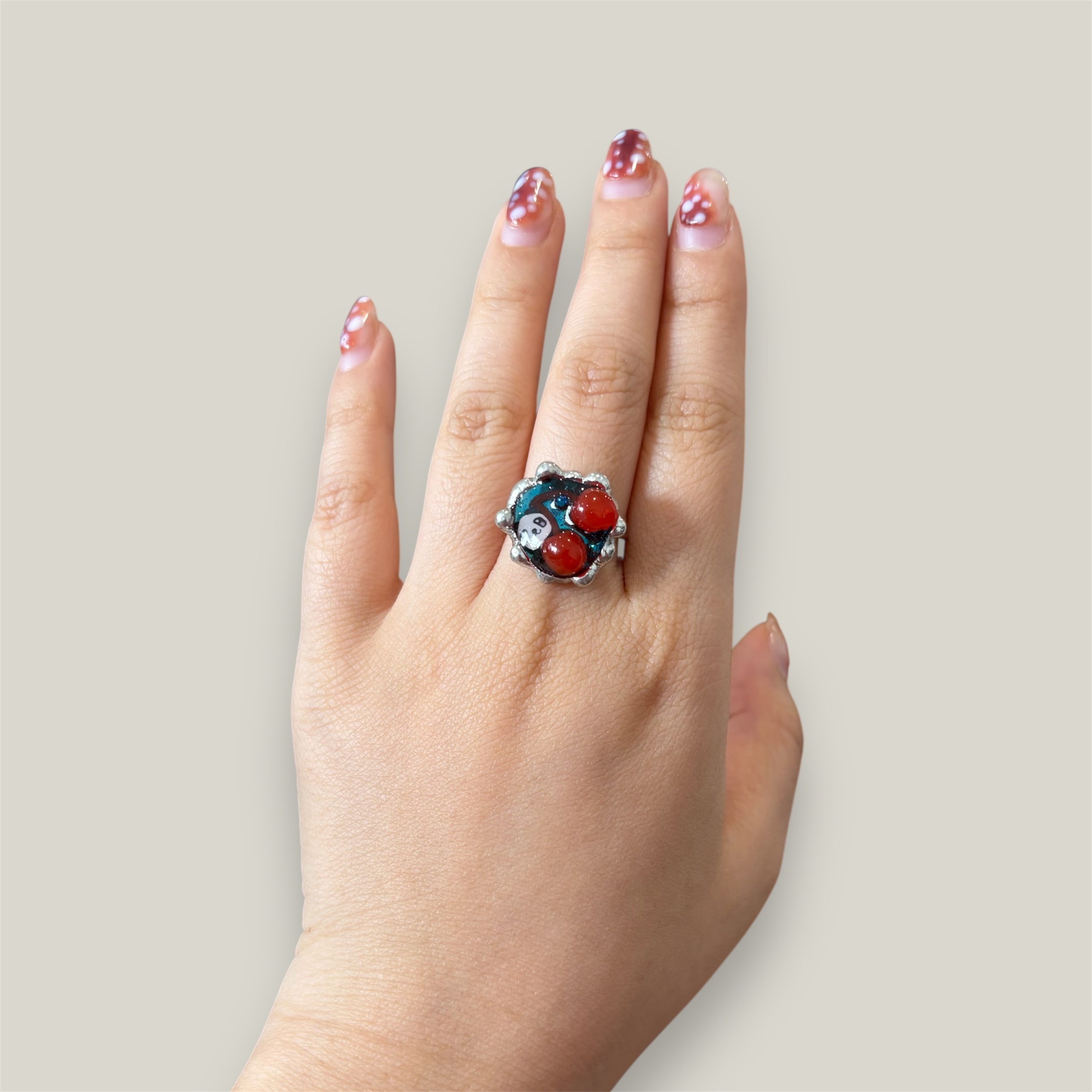 Melting Panda Cherry Ring – Whimsical Handmade Jewelry - Image 2