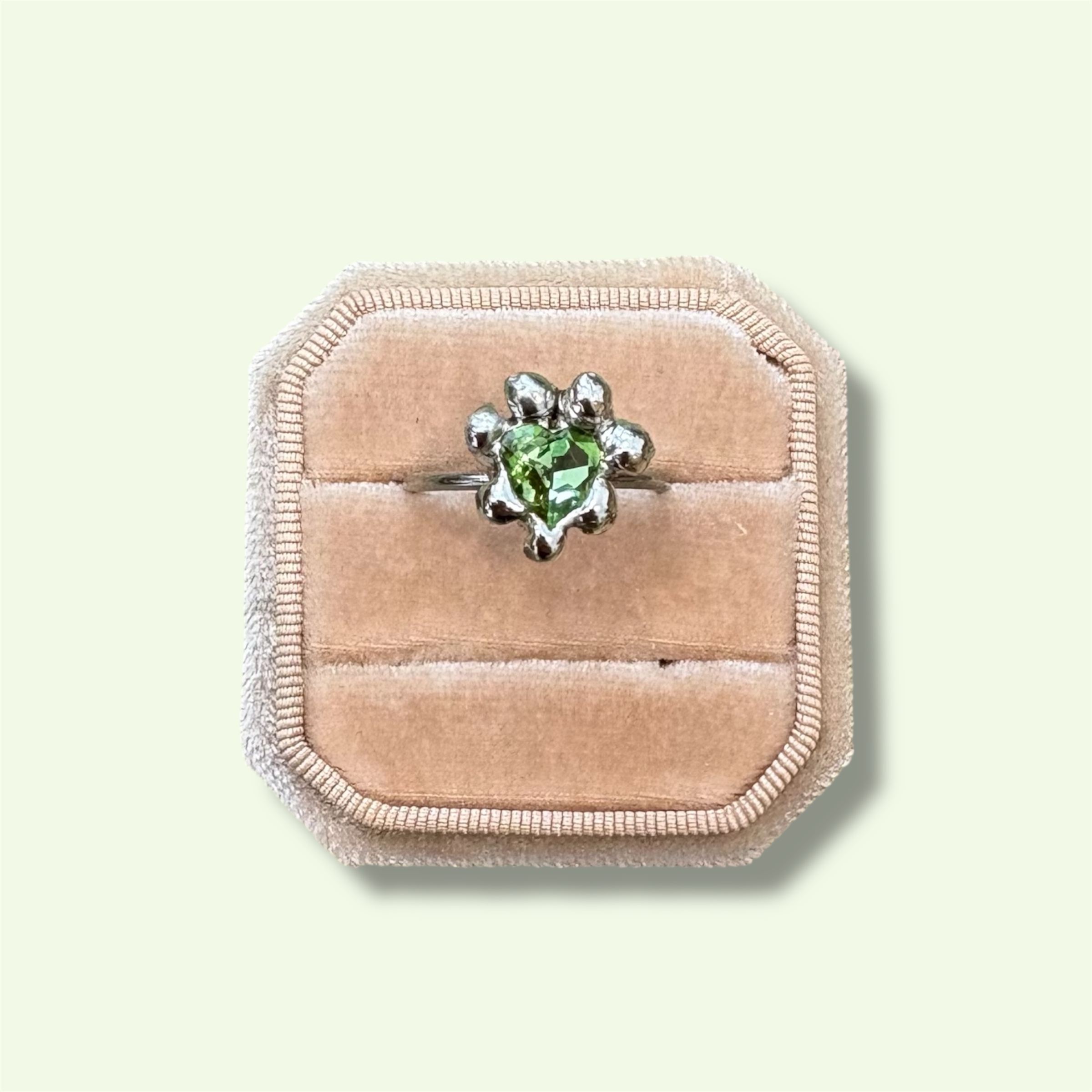 Cyber Heart Ring – Molten Metal & Lime Green Zircon