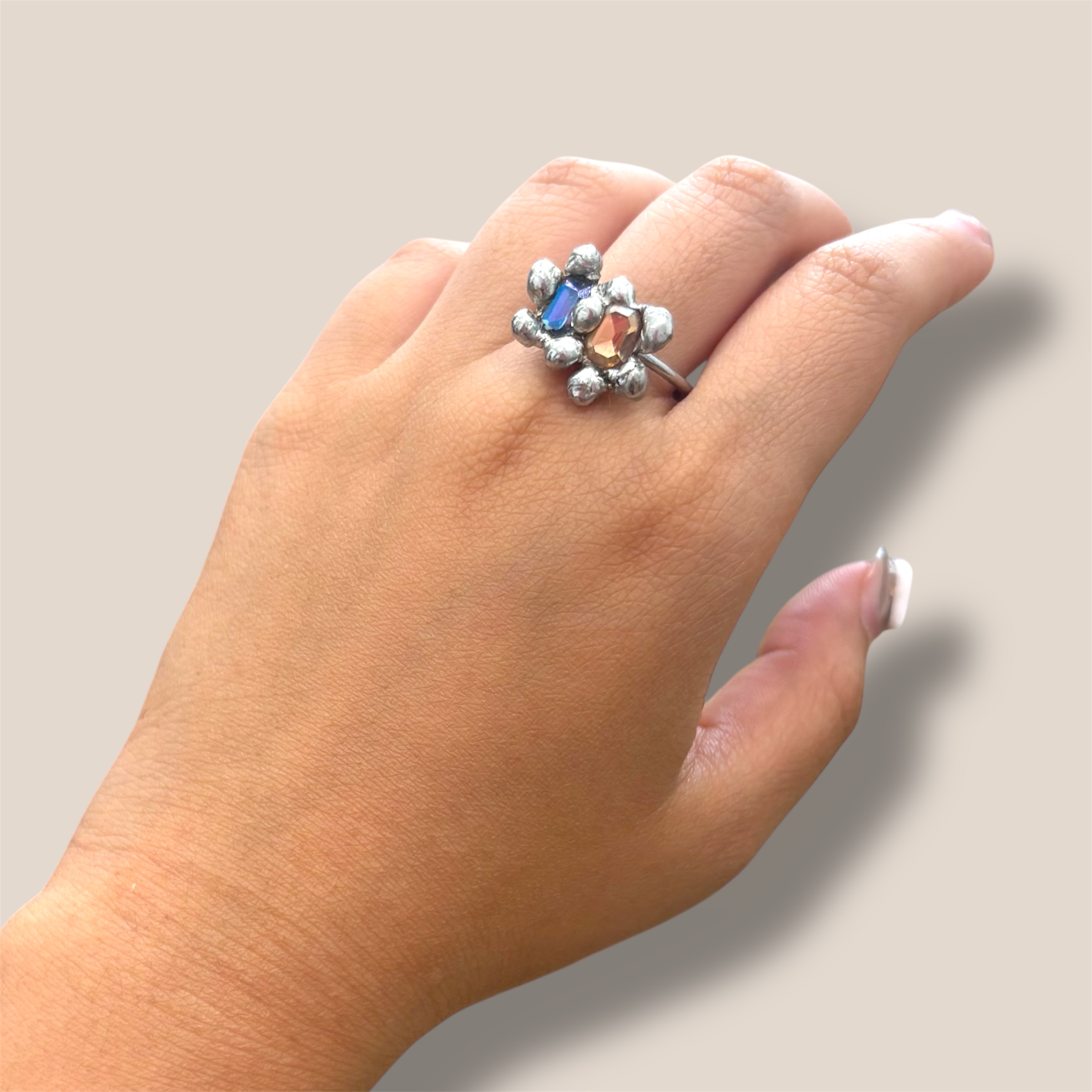 Molten Dual Zircon Statement Ring – Y2K Cybercore Liquid Metal Jewelry - Image 2