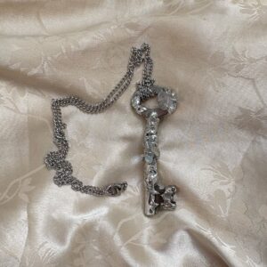 Vintage key & raw crystal Necklace – Molten metal statement piece